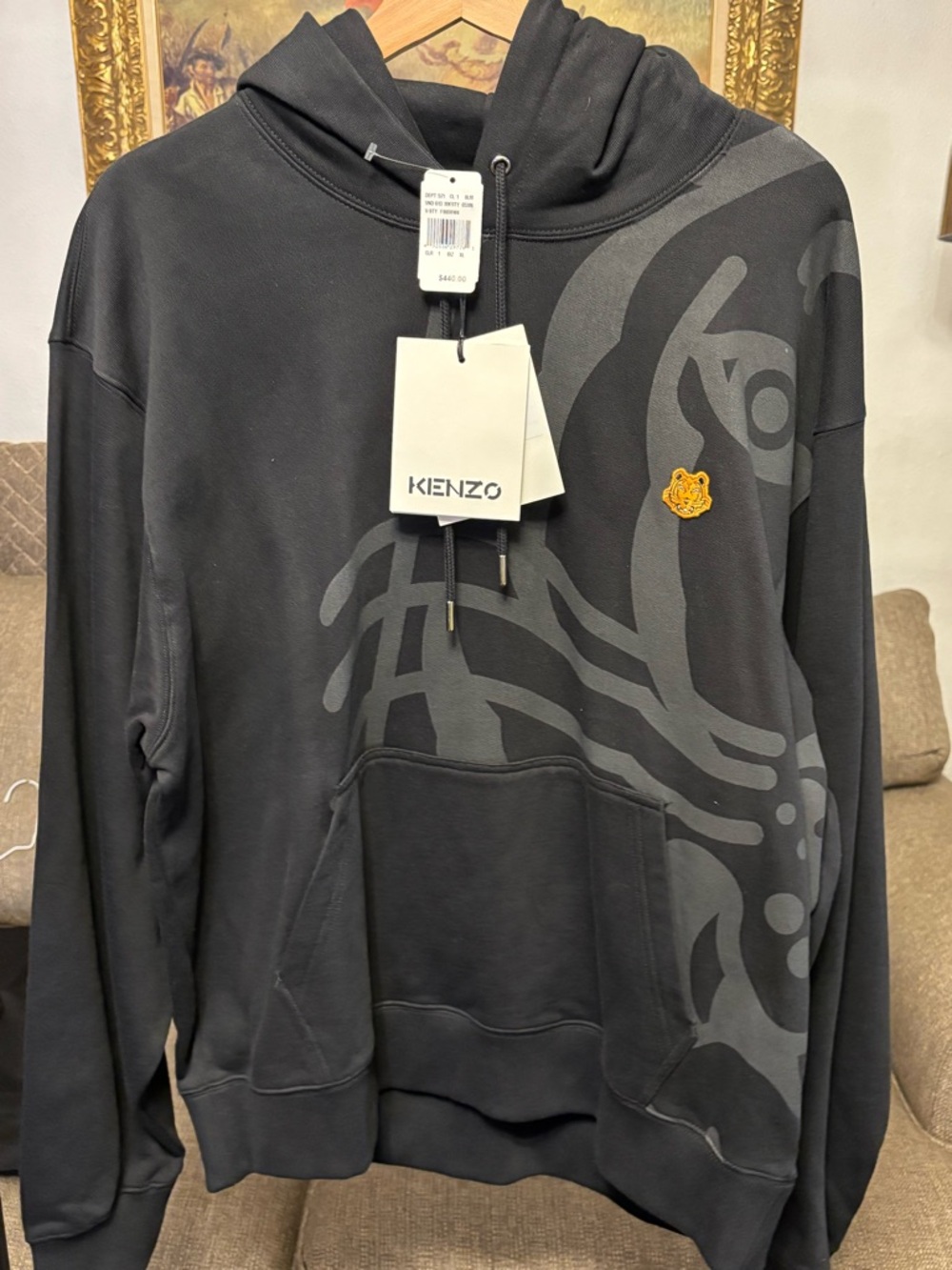 KENZO Black Hoodie with Tonal Gray Graphic and Gold Tiger Patch